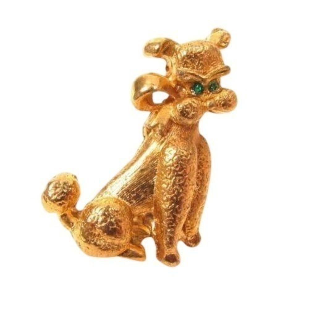 Vintage Green Rhinestone Eyes Gold Plated Poodle Dog Puppy Brooch Pin